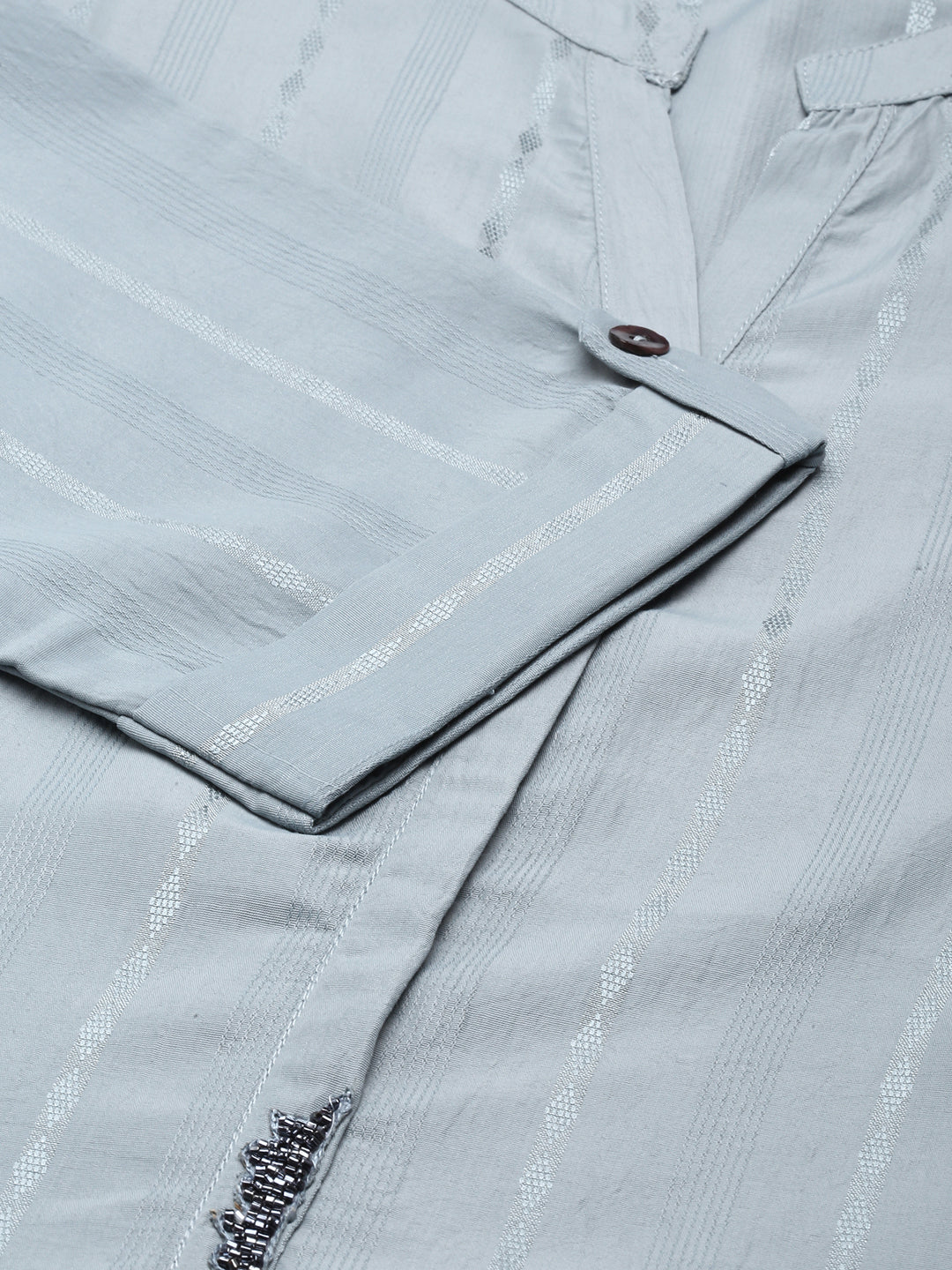 Women's Grey Striped Mandarin Straight Collar Kurta