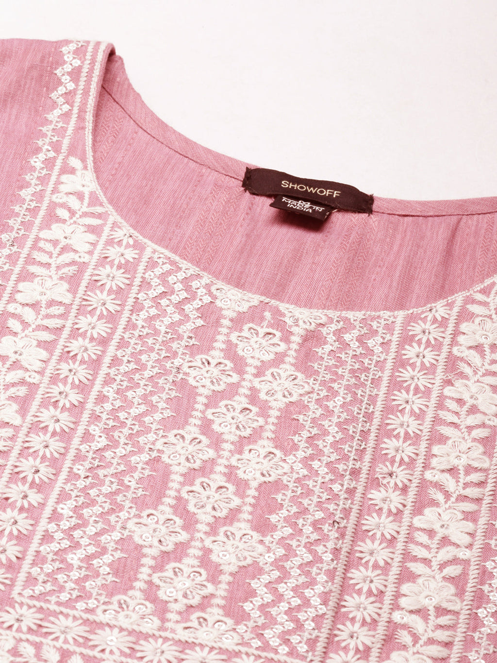 Women's Pink Floral Yoke Design Thread Work Pleated Kurta