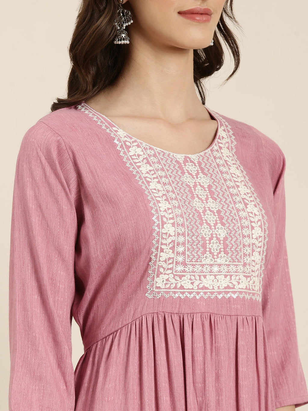 Women's Pink Floral Yoke Design Thread Work Pleated Kurta