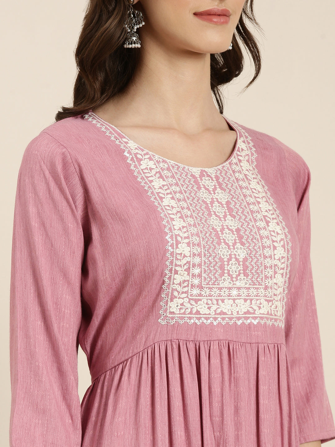 Women's Pink Floral Yoke Design Thread Work Pleated Kurta