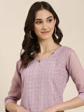 Women's Lavender Ethnic Motif Embroidered Straight Kurta