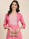 Women's Pink Floral Yoke Design Cotton Straight Kurta