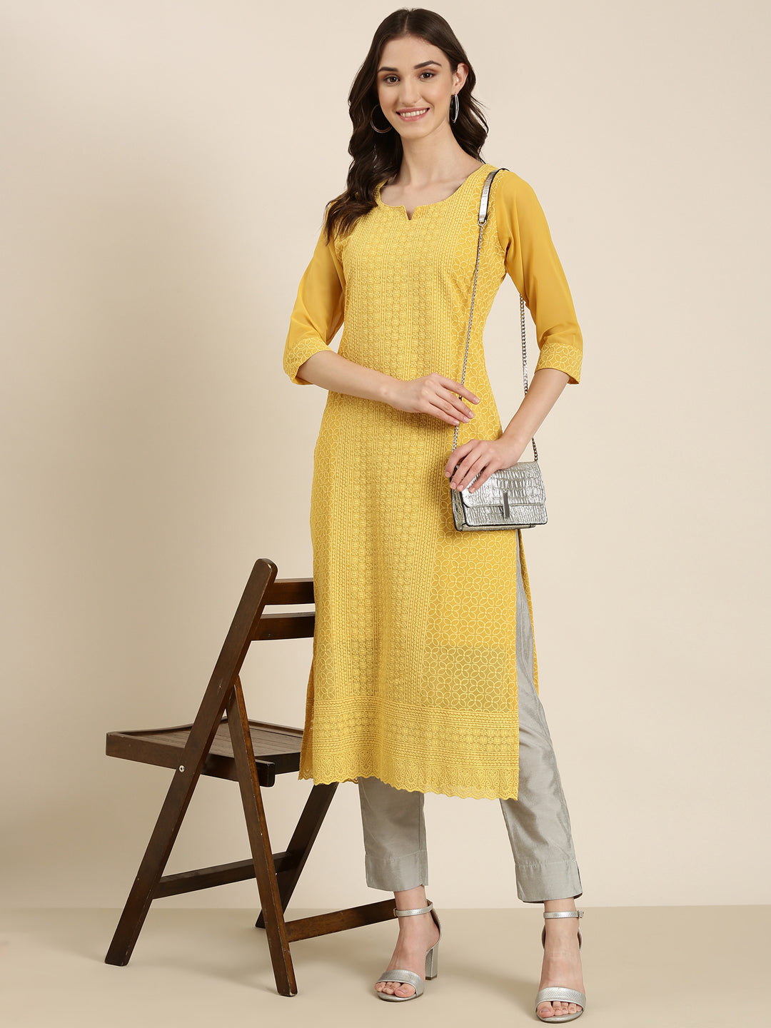 Women's Mustard Ethnic Motifs Embroidered Thread Work Straight Kurta