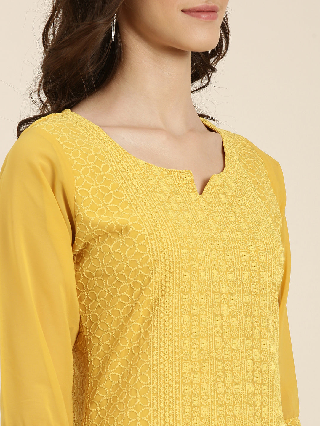 Women's Mustard Ethnic Motifs Embroidered Thread Work Straight Kurta