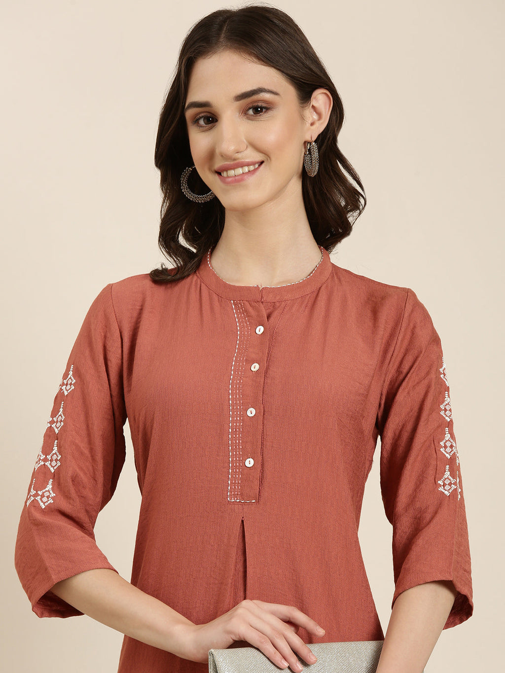 Women's Rust Mandarin Collar Straight Kurta