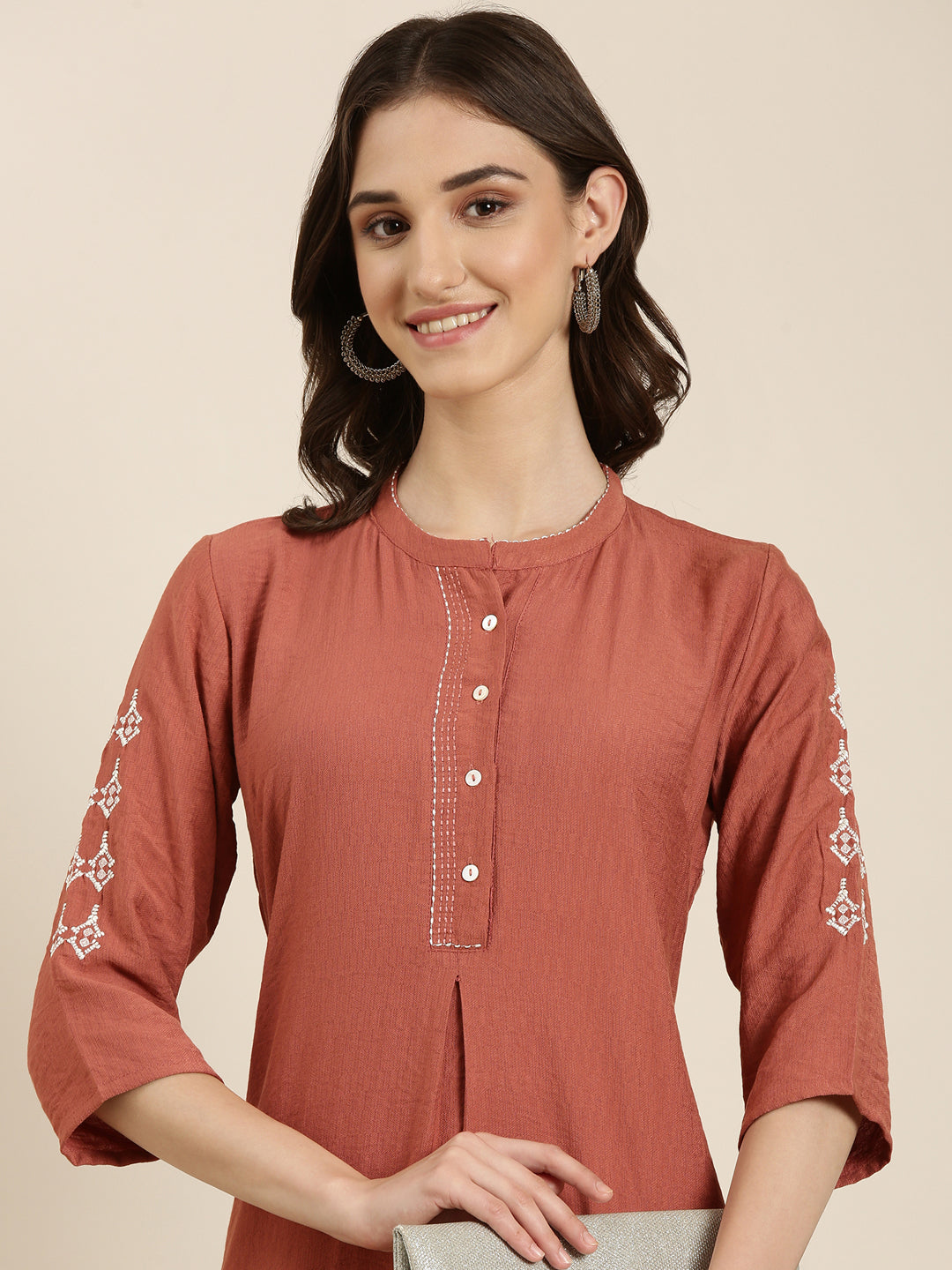 Women's Rust Mandarin Collar Straight Kurta