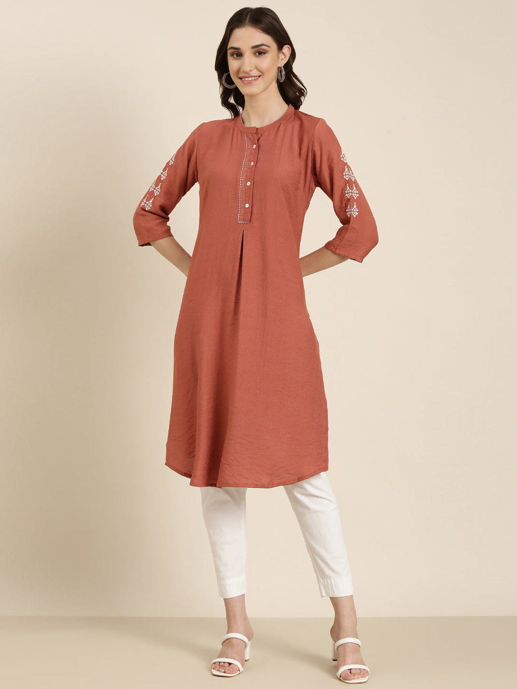 Women's Rust Mandarin Collar Straight Kurta
