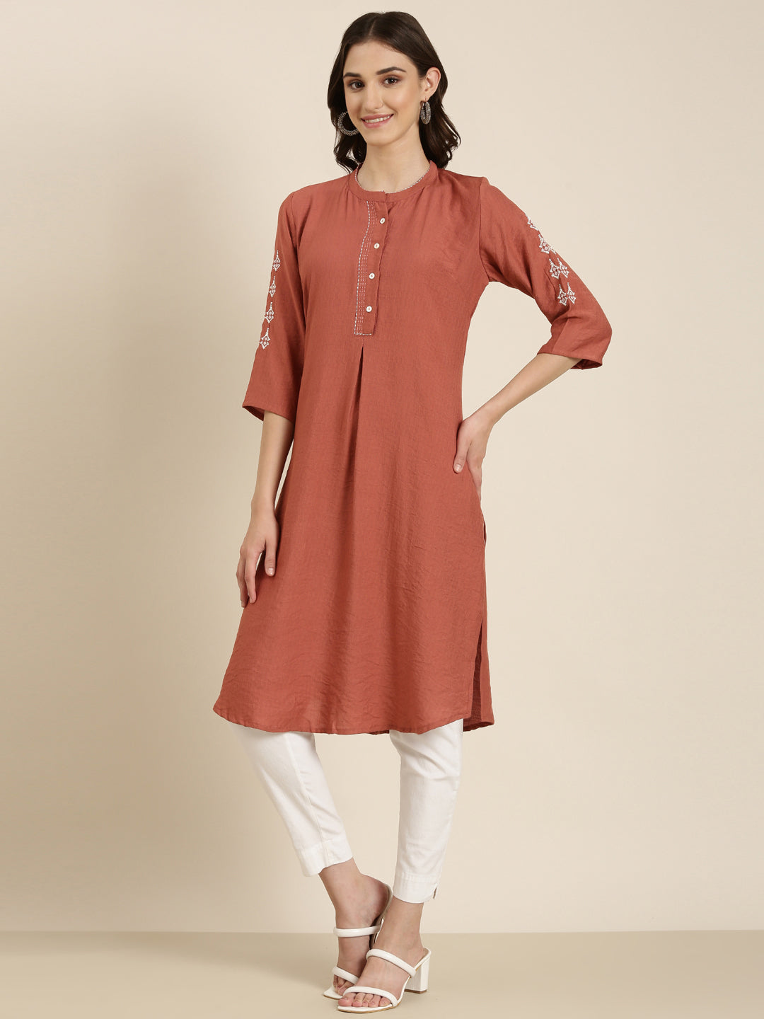 Women's Rust Mandarin Collar Straight Kurta