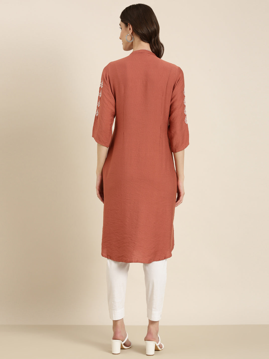 Women's Rust Mandarin Collar Straight Kurta
