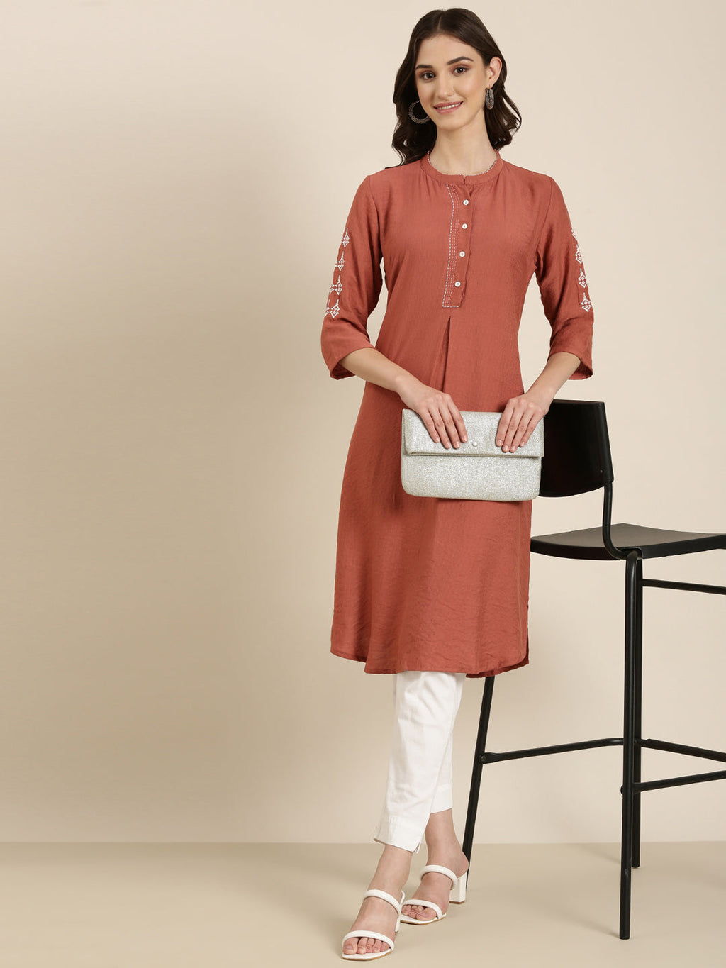 Women's Rust Mandarin Collar Straight Kurta