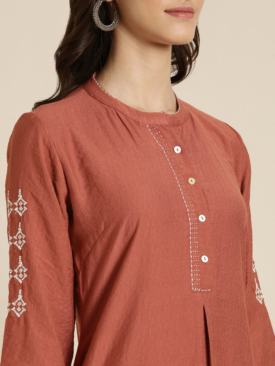 Women's Rust Mandarin Collar Straight Kurta