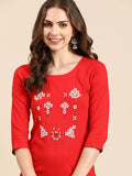 Women's Red Striped Stones and Beads Detail Straight Kurta