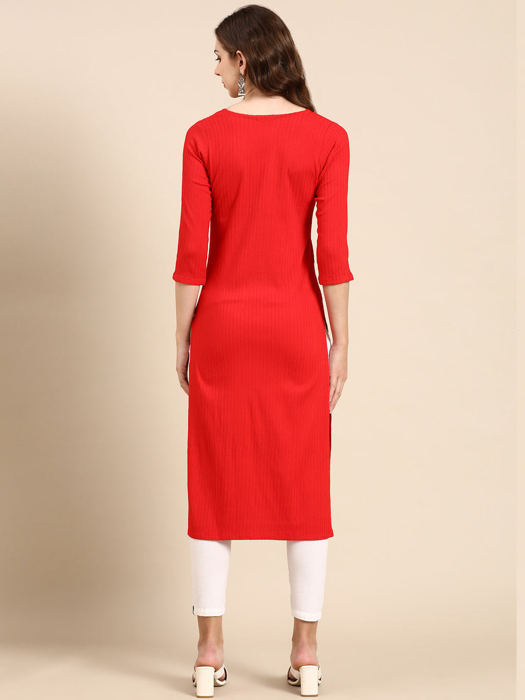 Women's Red Striped Stones and Beads Detail Straight Kurta