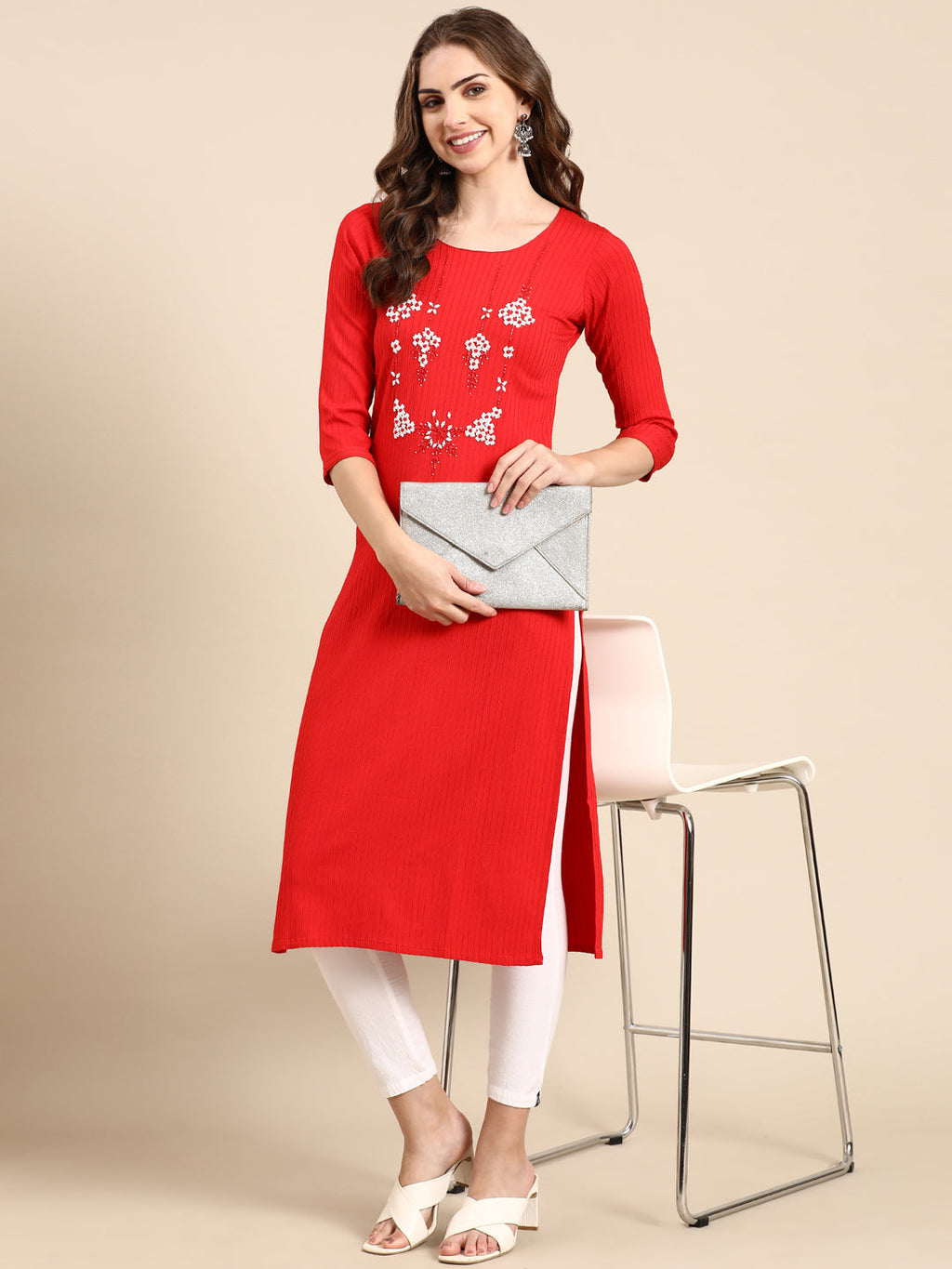 Women's Red Striped Stones and Beads Detail Straight Kurta