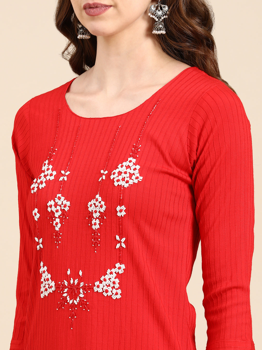 Women's Red Striped Stones and Beads Detail Straight Kurta