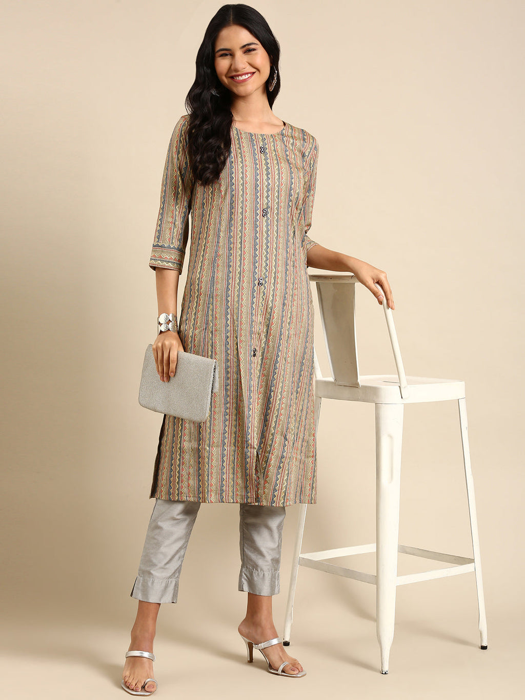 Women's Green Striped Straight Kurta