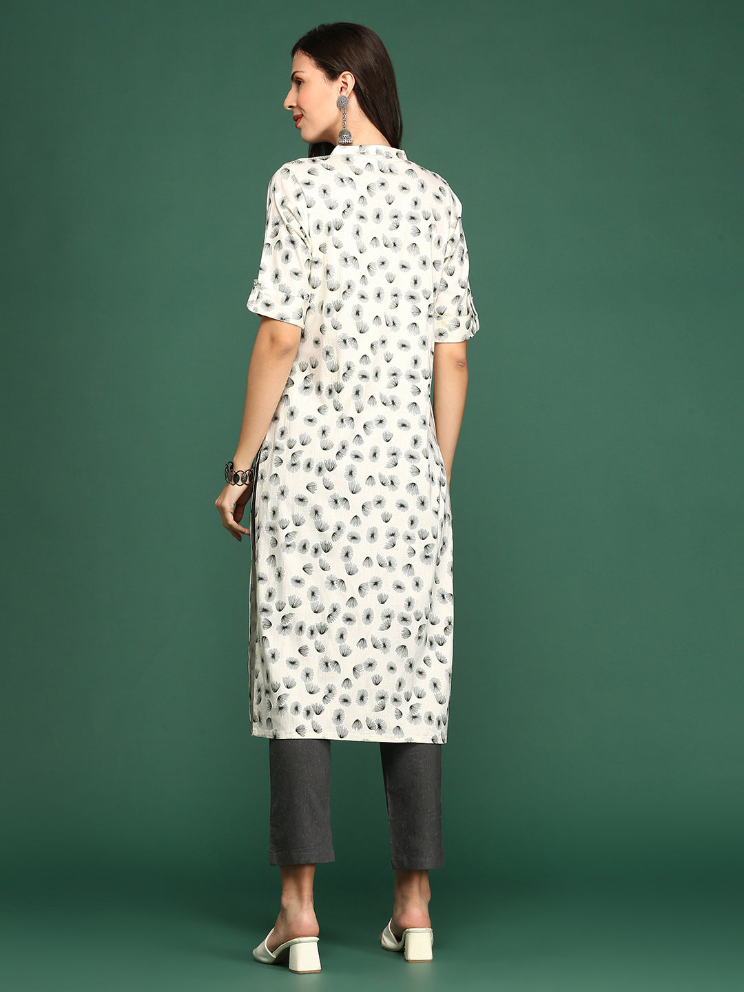 Women's Off White Printed Cotton Straight Kurta