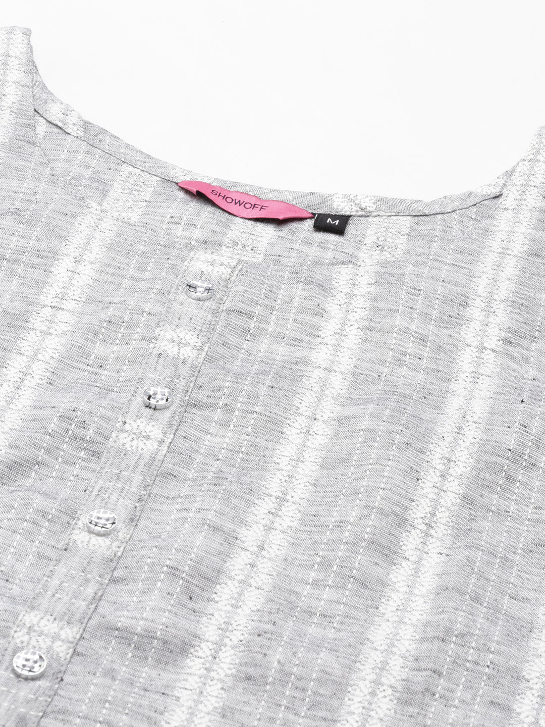 Women's Grey Striped Woven Design Thread Work Straight Kurta