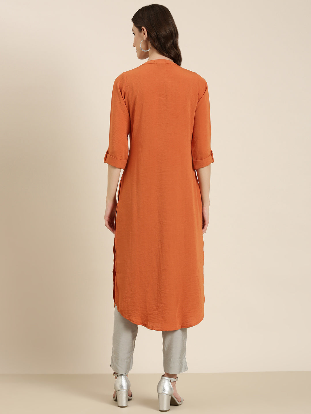 Women's Rust Mandarin Collar Roll Up Sleeves Straight Kurta