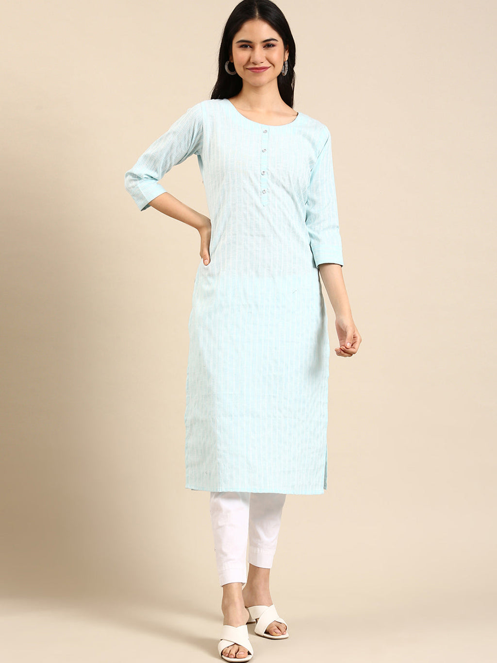Women's Blue Striped Straight Kurta