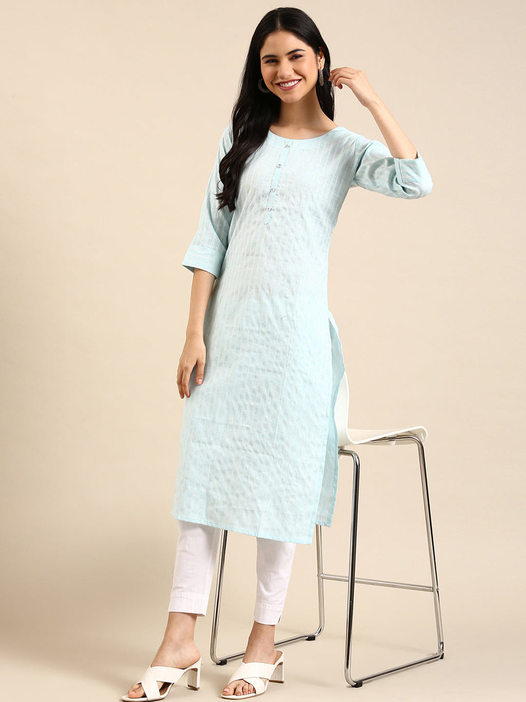Women's Blue Striped Straight Kurta