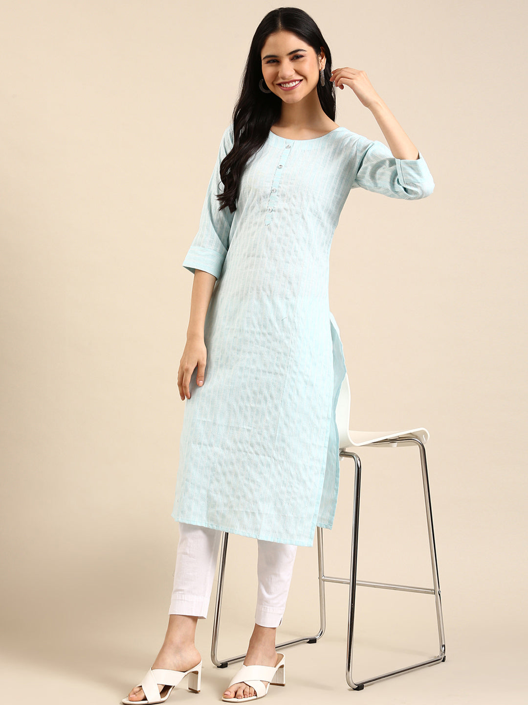Women's Blue Striped Straight Kurta
