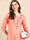 Women's Peach Floral Embroidered Chanderi Straight Silk Kurta