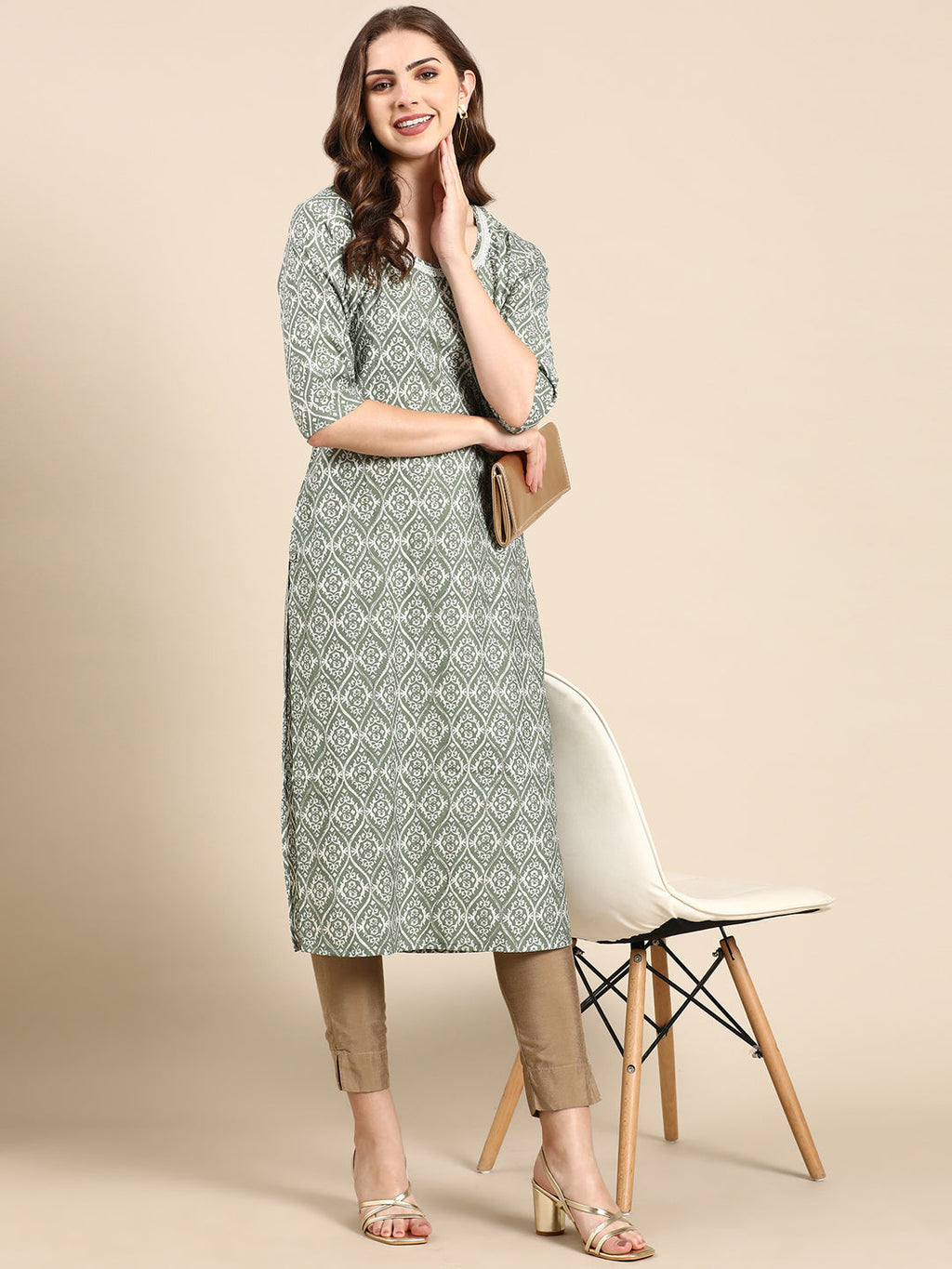 Women's Sea Green Bead Work Straight Kurta