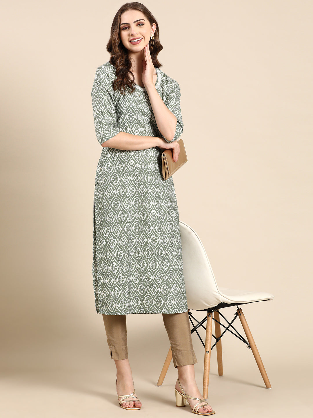 Women's Sea Green Bead Work Straight Kurta