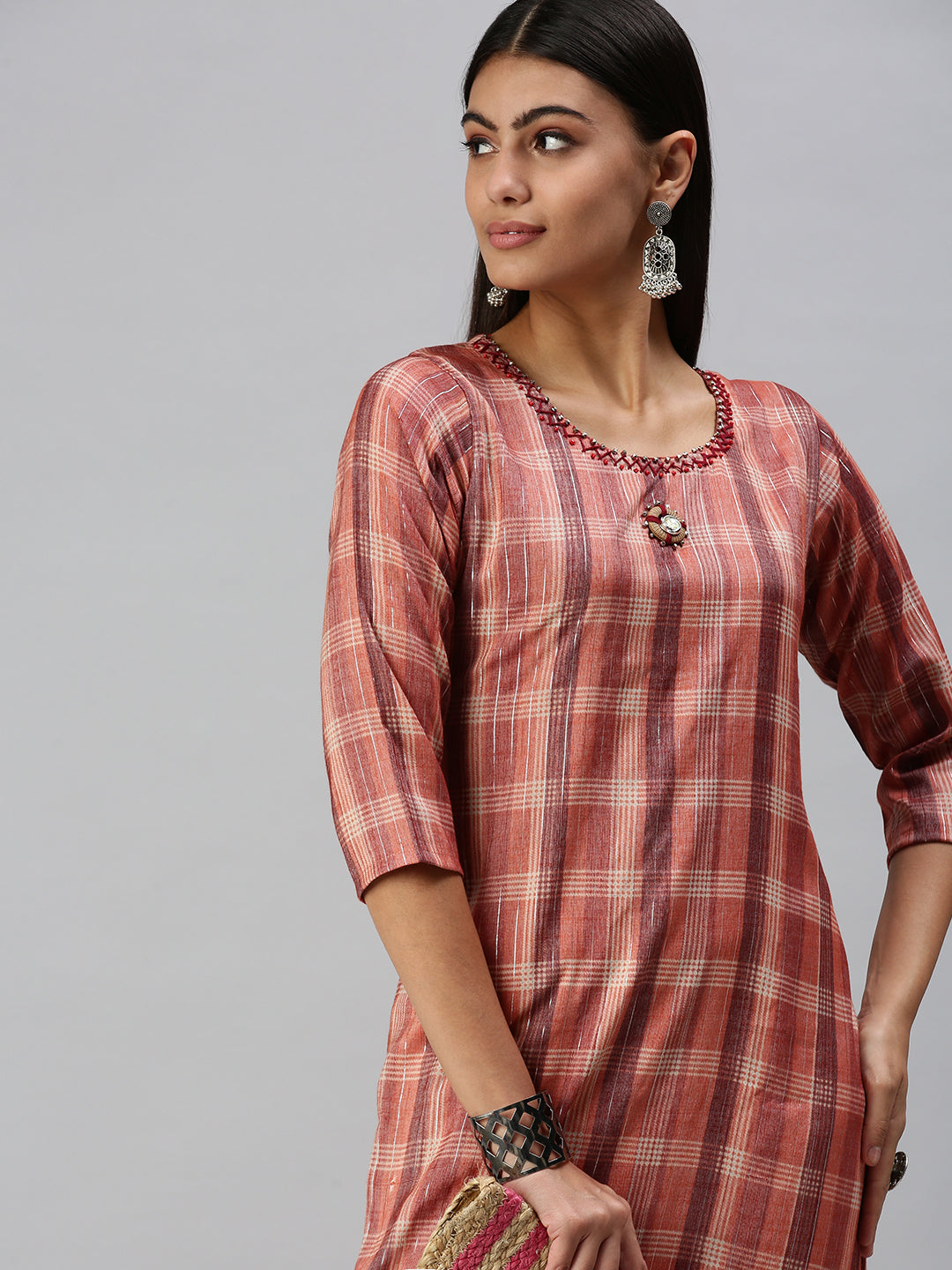 Women's Rust Checked Cotton Straight Kurta