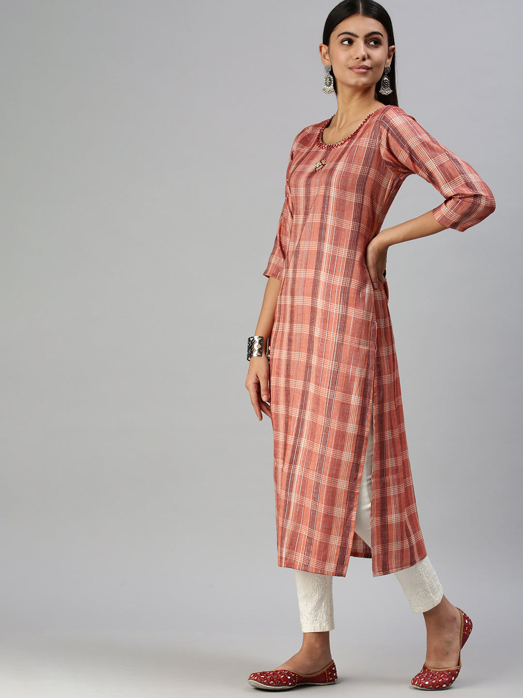 Women's Rust Checked Cotton Straight Kurta