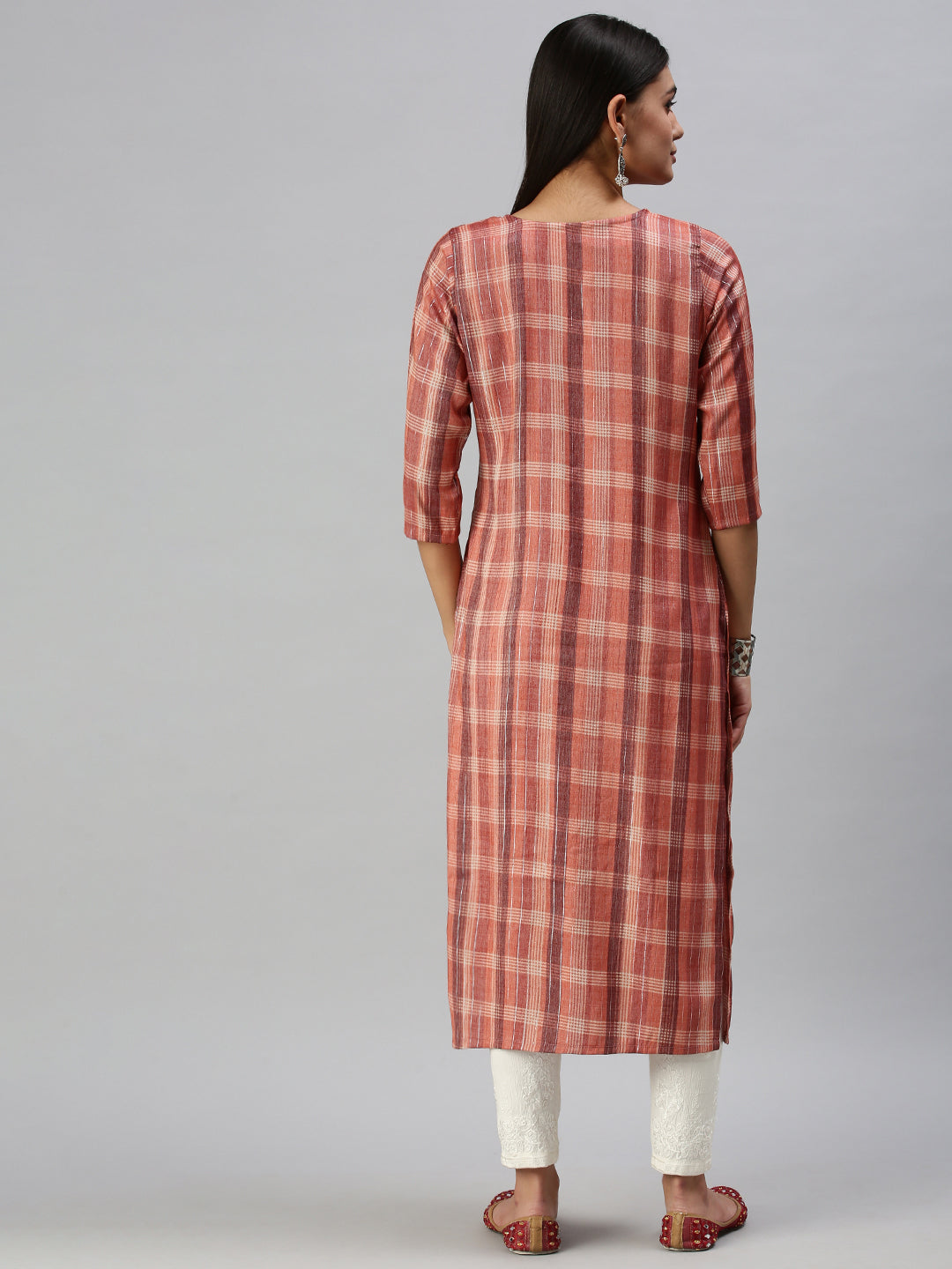 Women's Rust Checked Cotton Straight Kurta