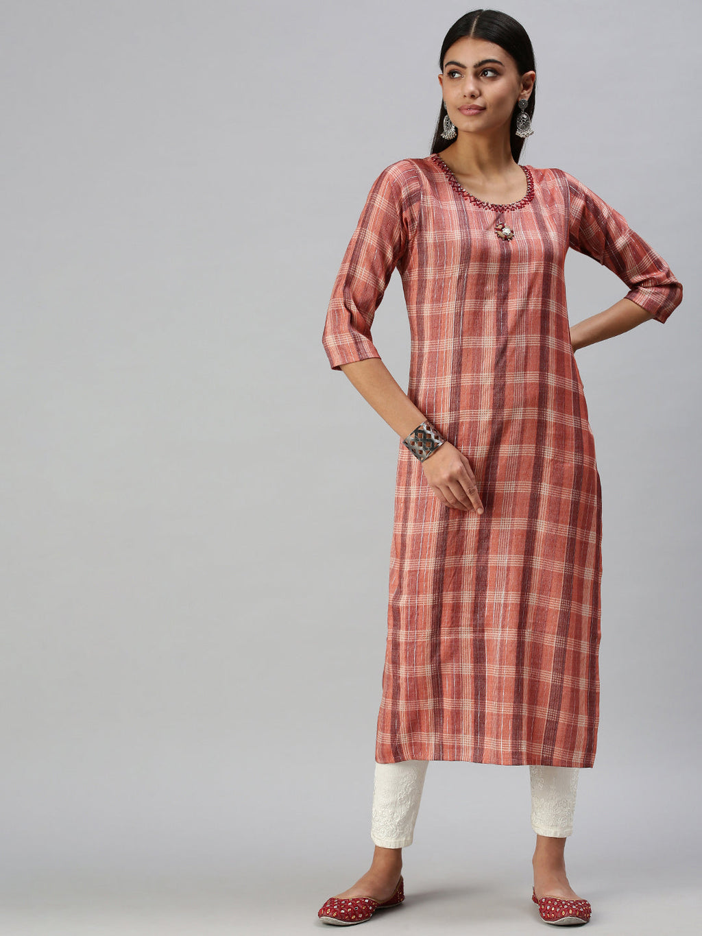 Women's Rust Checked Cotton Straight Kurta