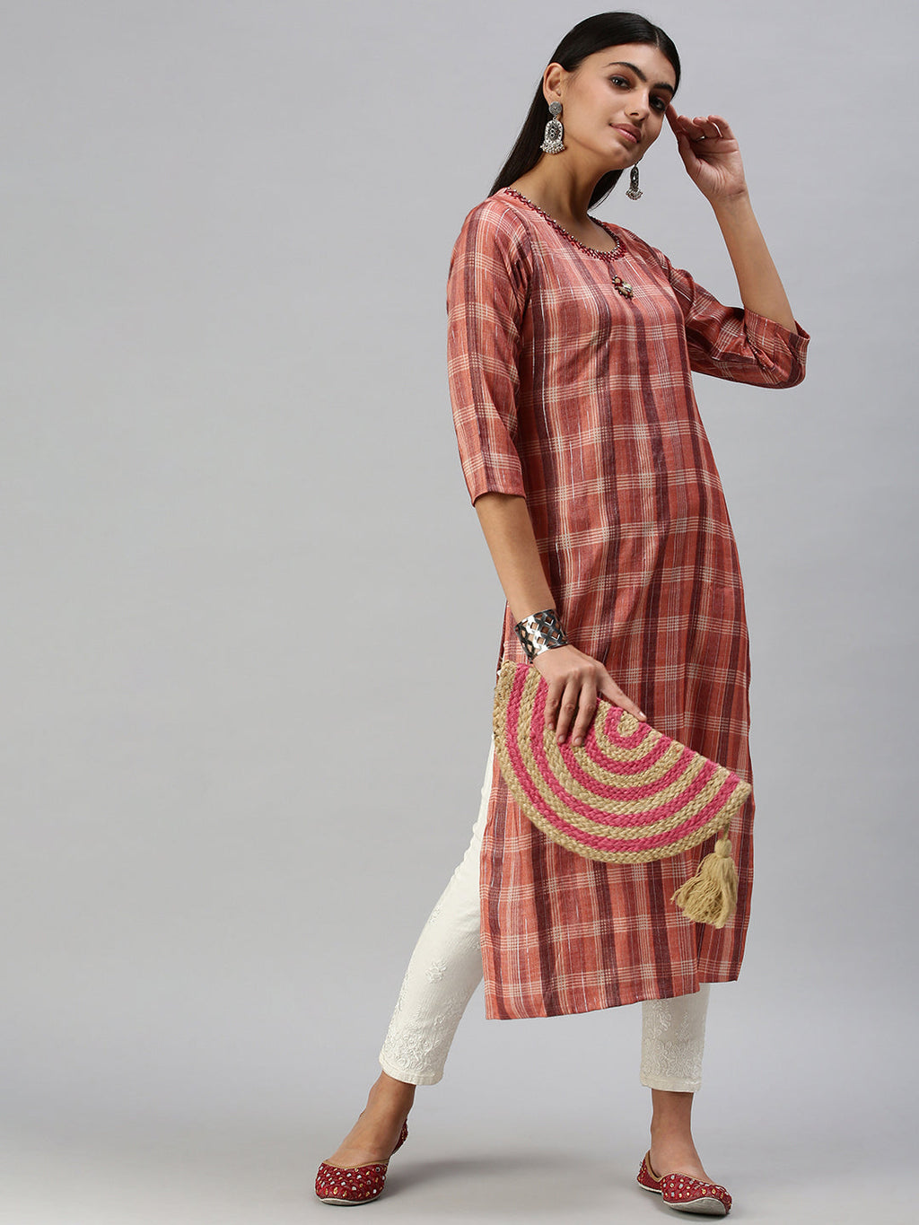 Women's Rust Checked Cotton Straight Kurta