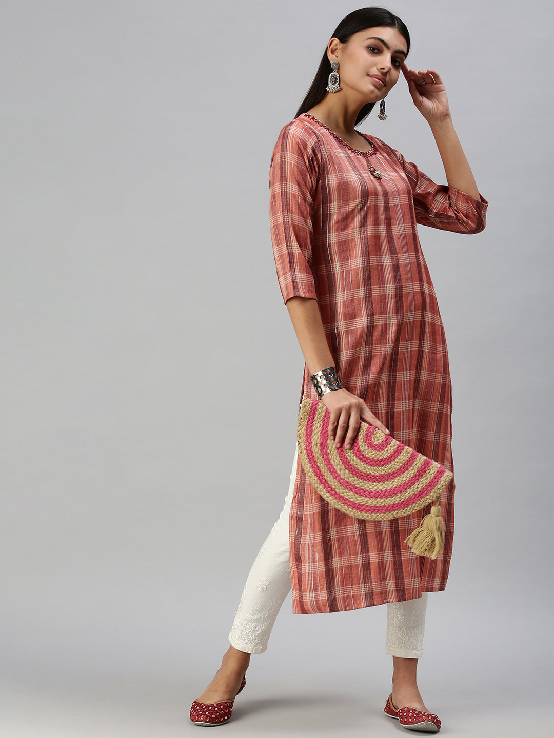 Women's Rust Checked Cotton Straight Kurta