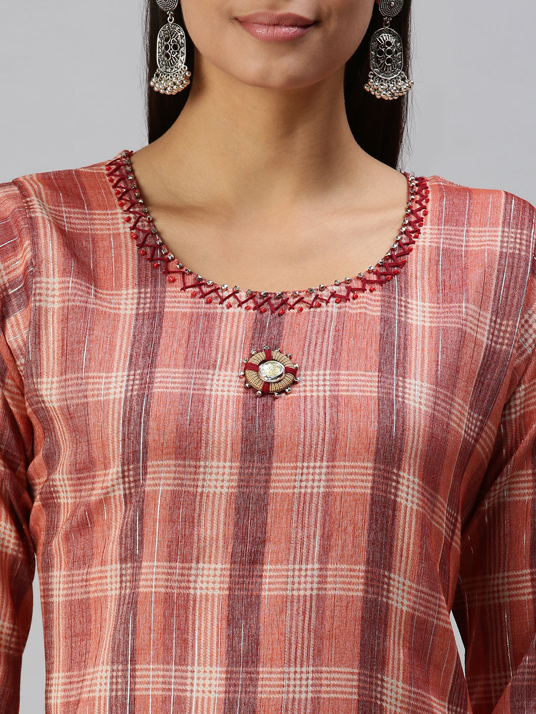 Women's Rust Checked Cotton Straight Kurta