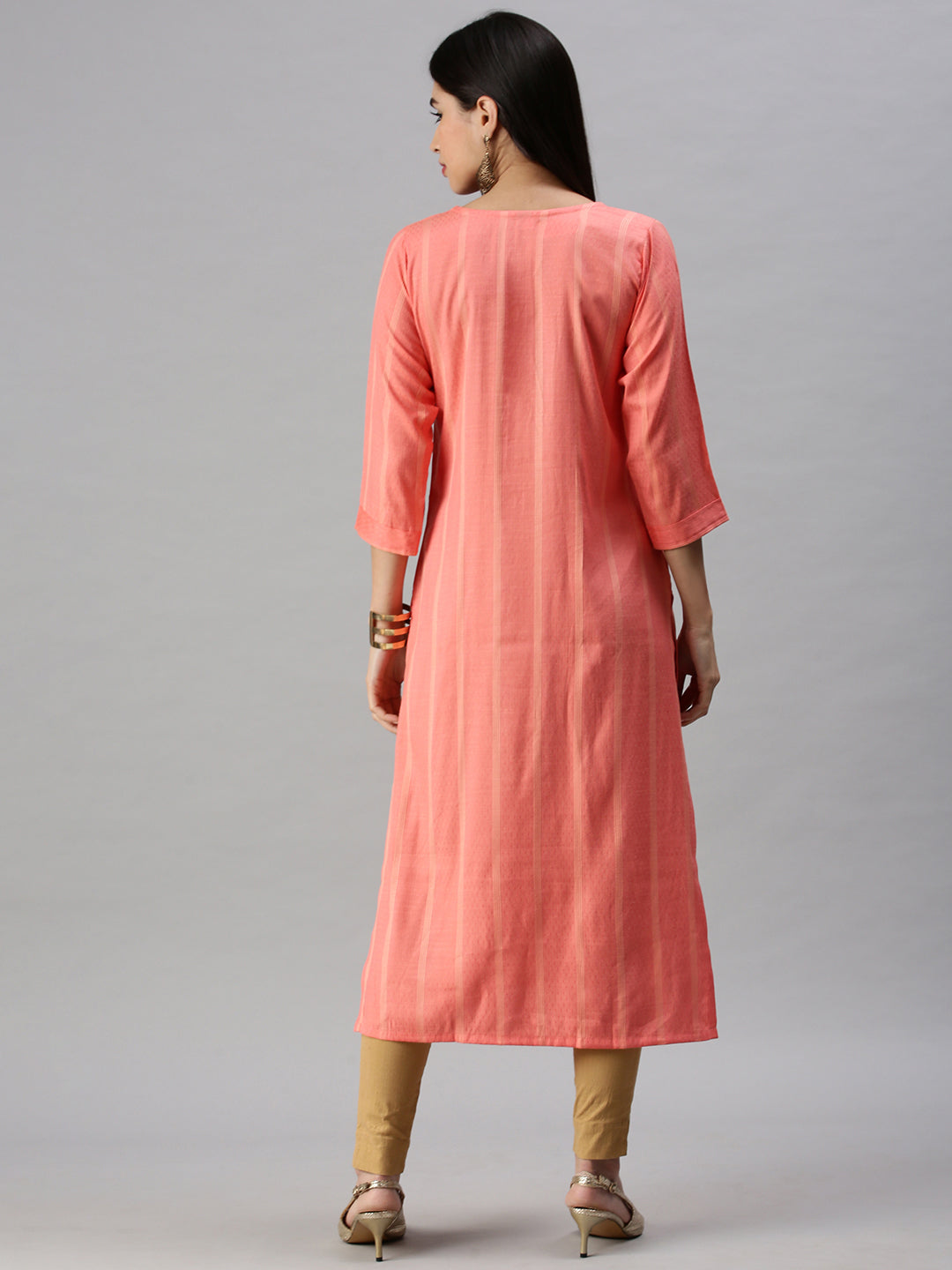 Women's Pink Striped Three-Quarter Sleeves Straight Zari Kurta