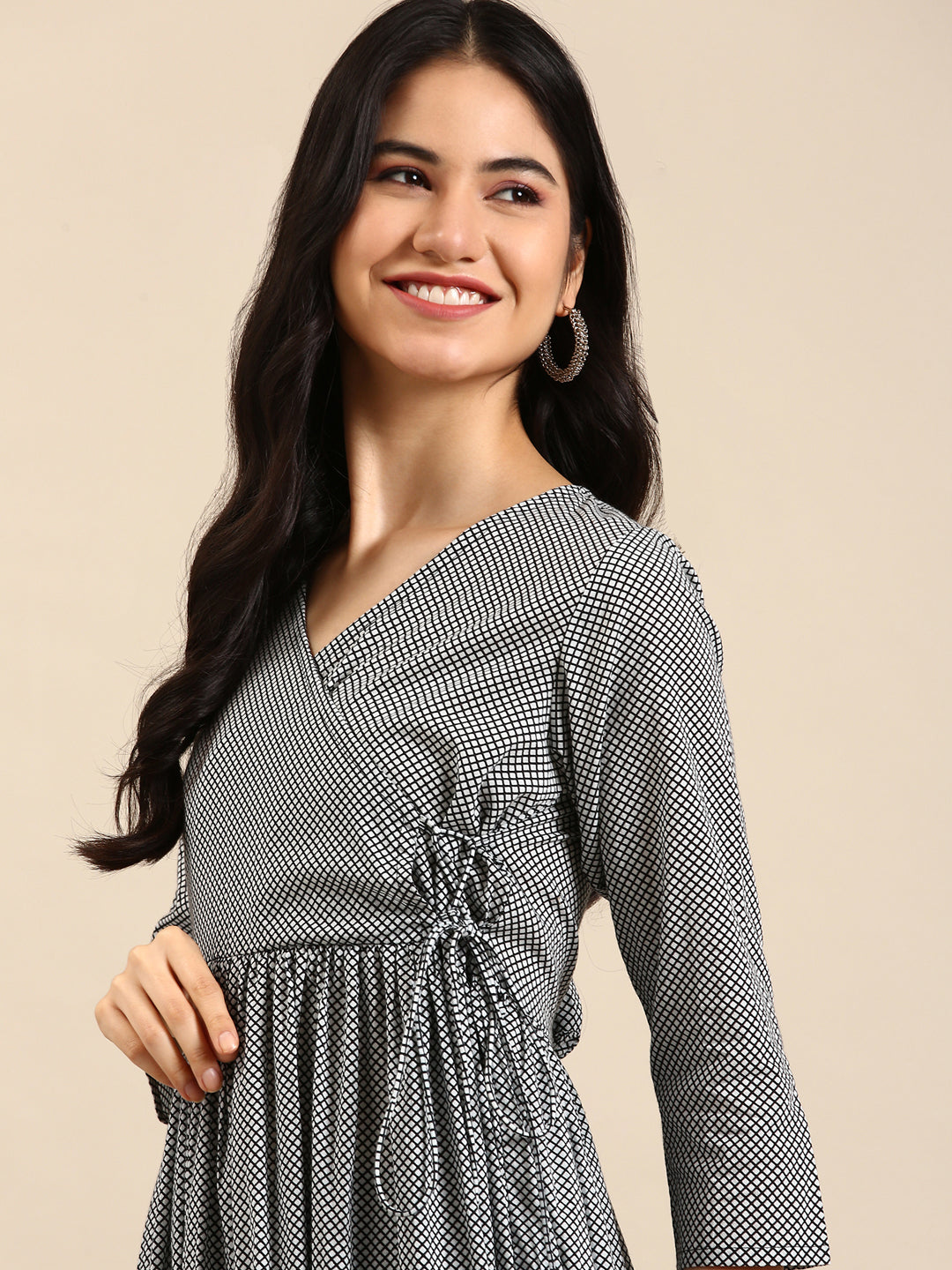Women's Black & White Checked A-Line Kurta