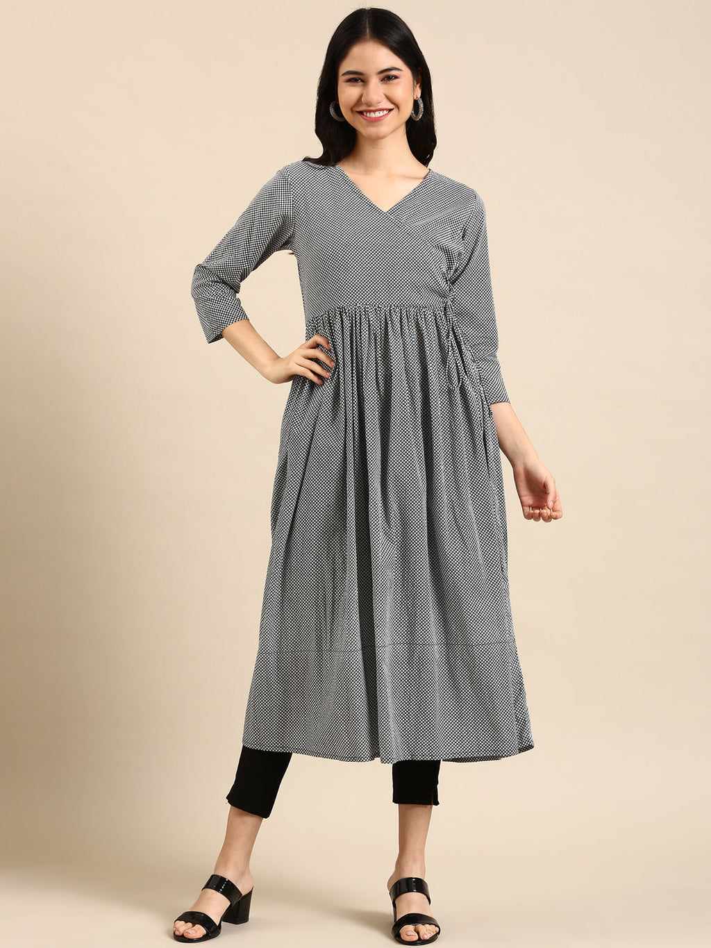 Women's Black & White Checked A-Line Kurta