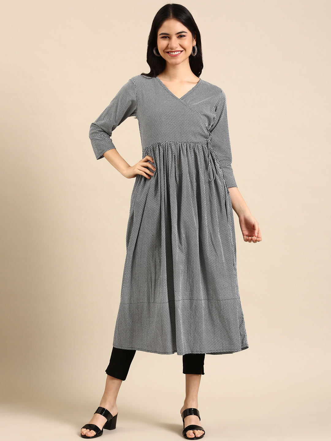 Women's Black & White Checked A-Line Kurta