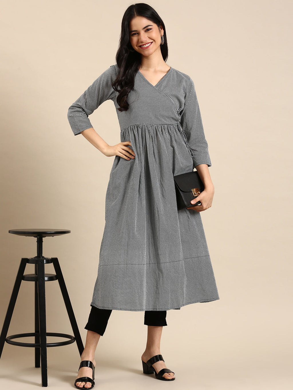 Women's Black & White Checked A-Line Kurta