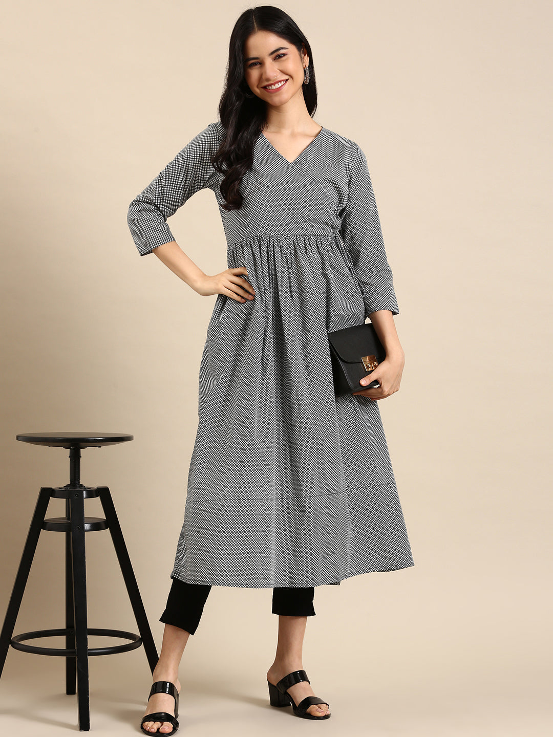 Women's Black & White Checked A-Line Kurta