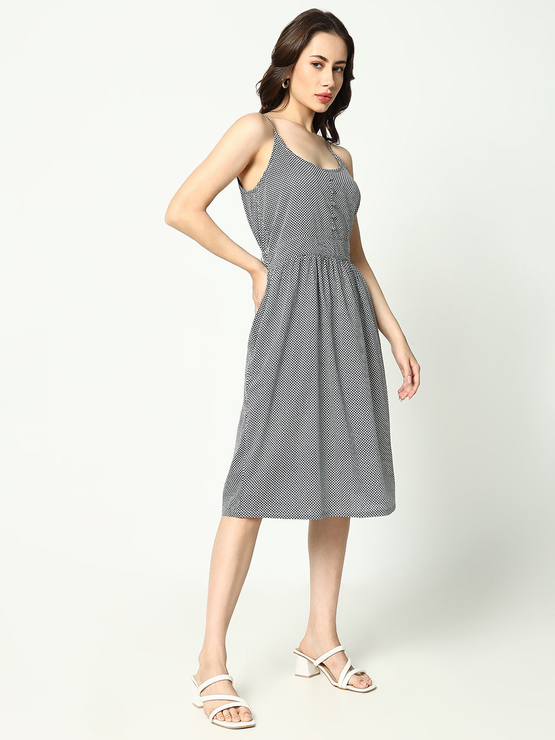 Women's Black Checked Cotton A-Line Dress