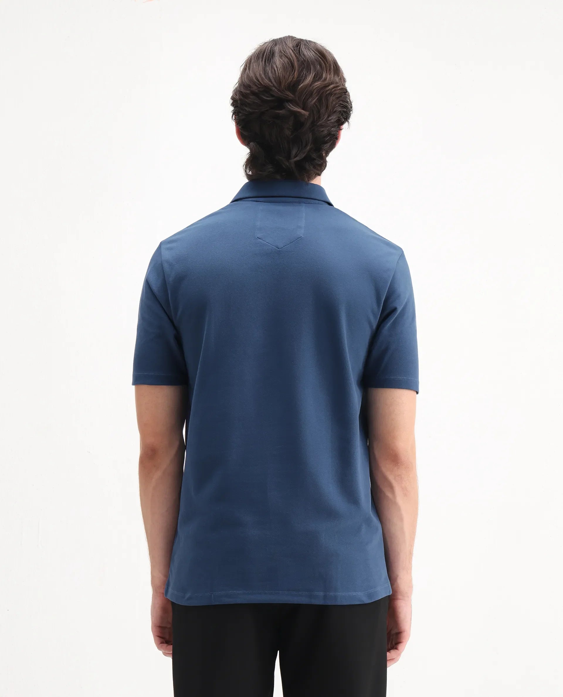 Rare Rabbit Men's Ski Blue Cotton Plain Regular Fit Half Sleeve Polo