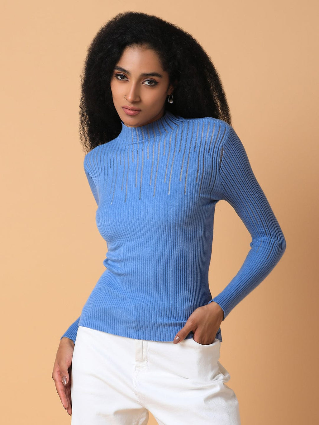 Women's Blue Solid Knits High Neck Acrylic Top