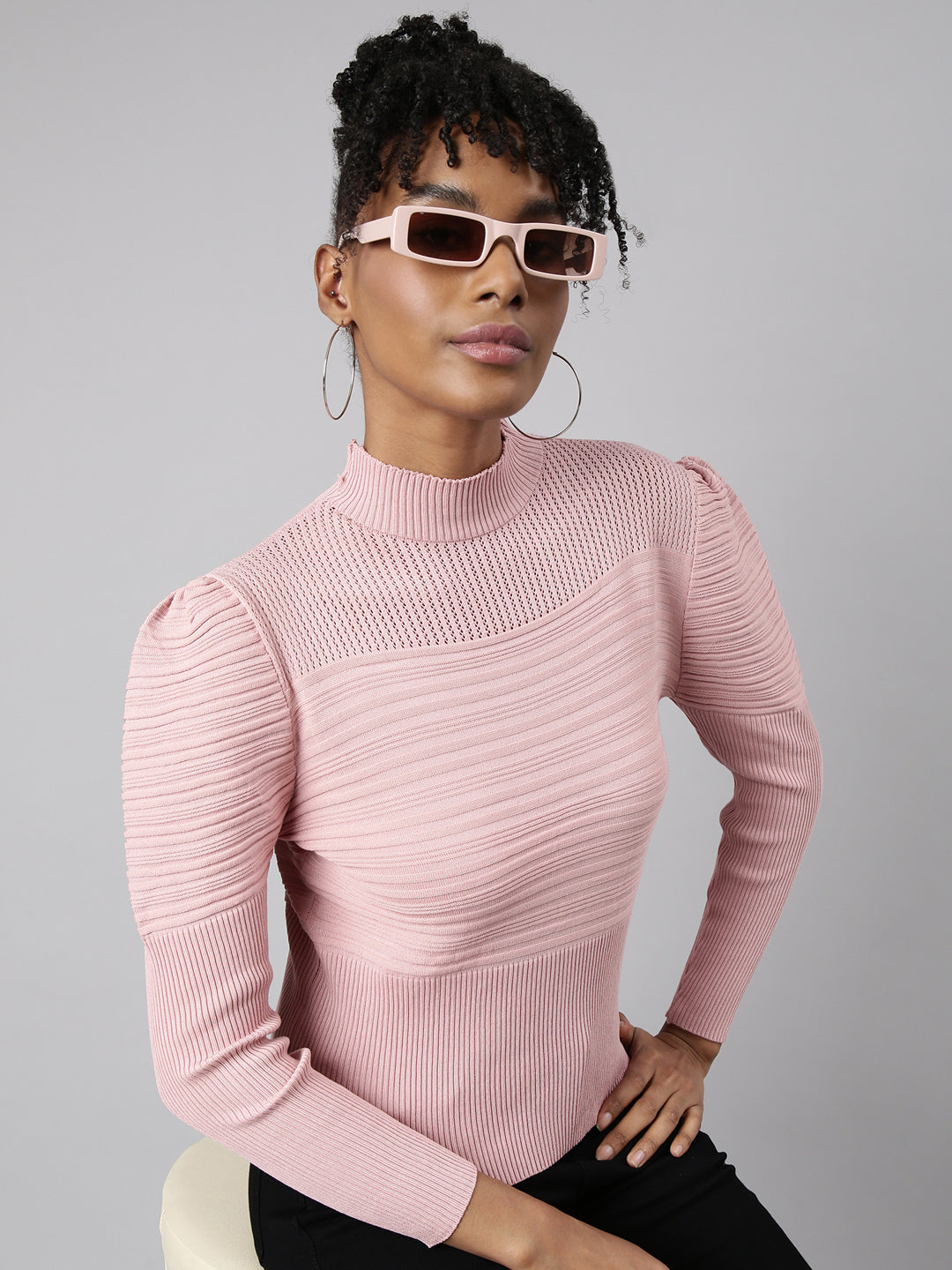 Women's Pink High Neck Puff Sleeve Top