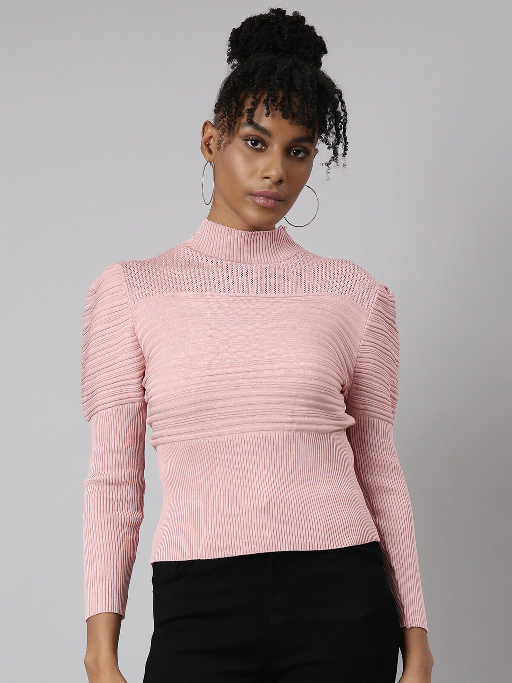 Women's Pink High Neck Puff Sleeve Top