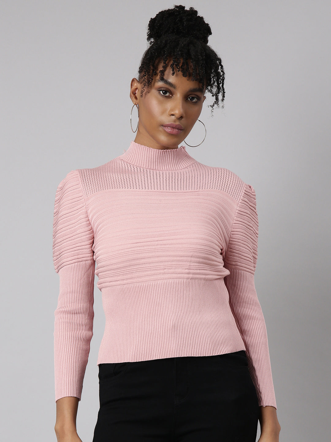Women's Pink High Neck Puff Sleeve Top