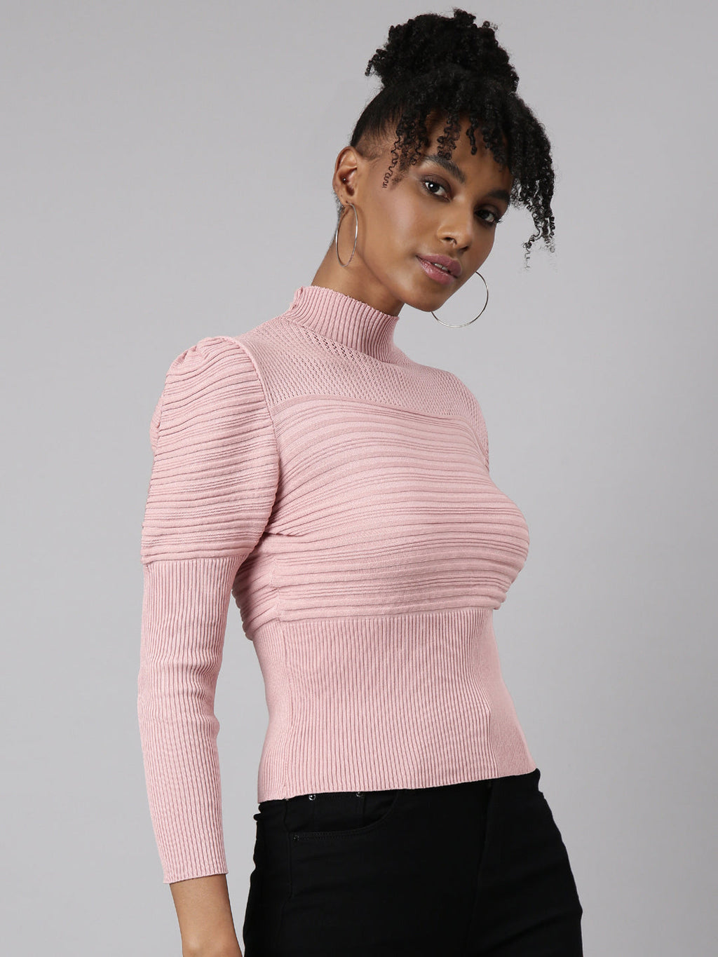 Women's Pink High Neck Puff Sleeve Top