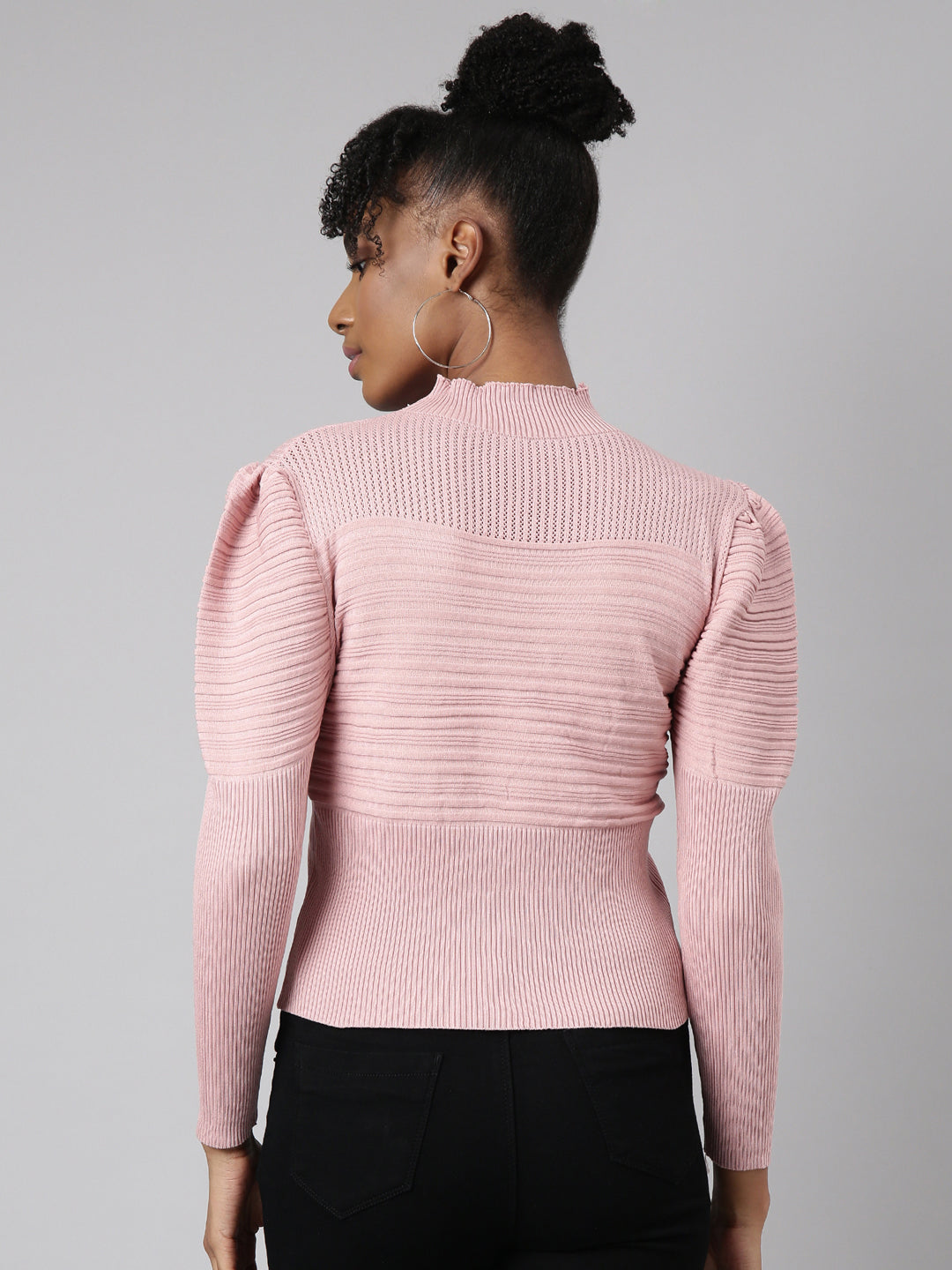 Women's Pink High Neck Puff Sleeve Top